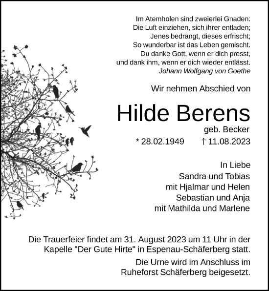 Traueranzeige von Hilde Berens von HNAHNA