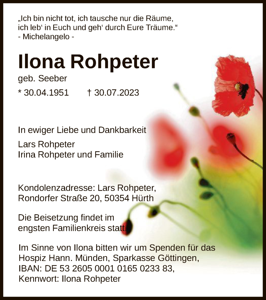  Traueranzeige für Ilona Rohpeter vom 12.08.2023 aus HNA