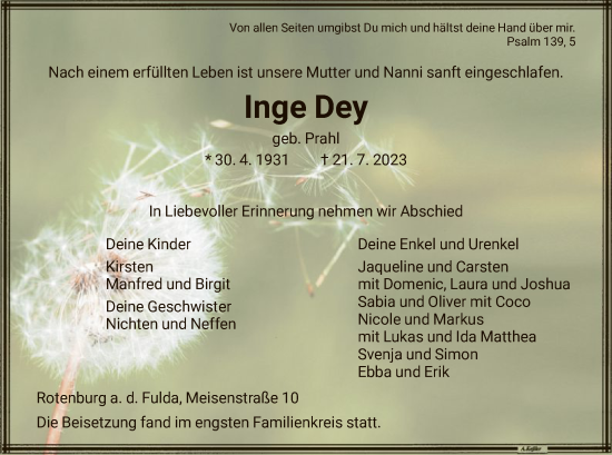 Traueranzeige von Inge Dey von HNA