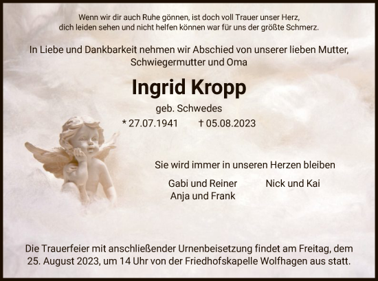Traueranzeige von Ingrid Kropp von HNA