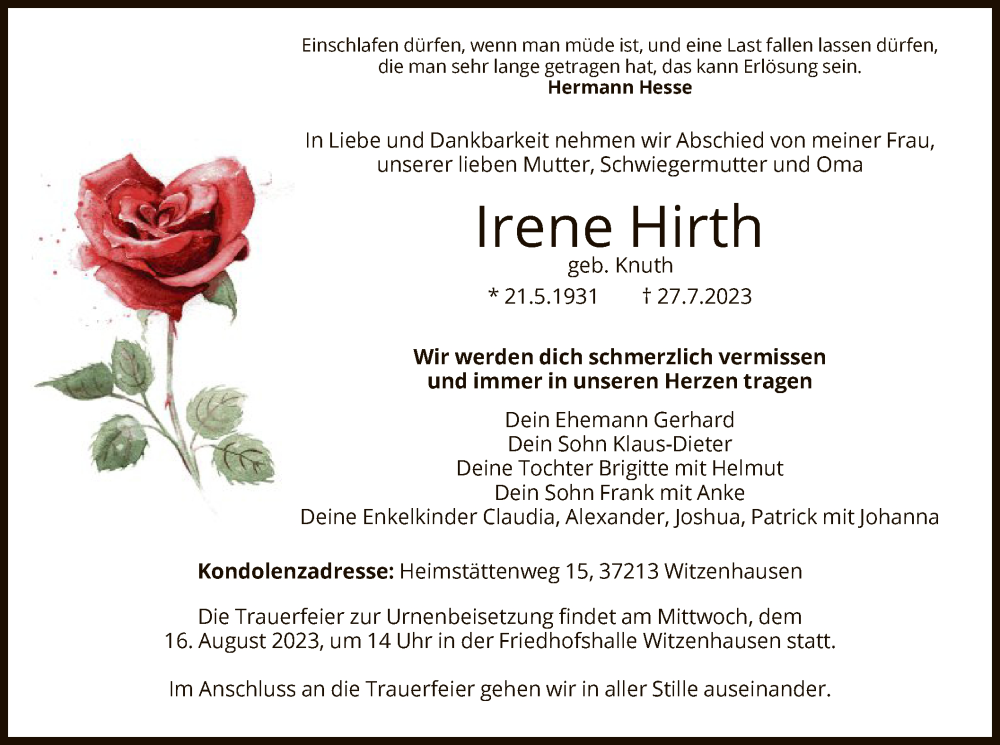  Traueranzeige für Irene Hirth vom 12.08.2023 aus HNA