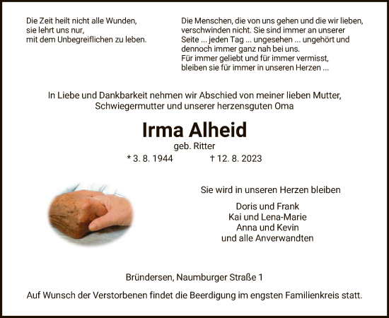 Traueranzeige von Irma Alheid von HNA