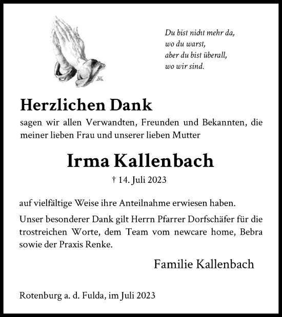 Traueranzeige von Irma Kallenbach von HNA