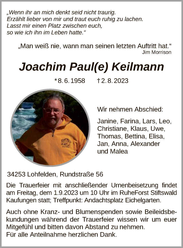  Traueranzeige für Joachim Paul Keilmann vom 12.08.2023 aus HNA