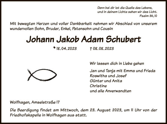Traueranzeige von Johann Jakob Adam Schubert von HNA