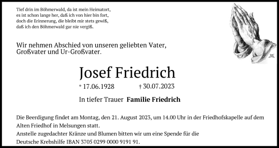 Traueranzeige von Josef Friedrich von HNA