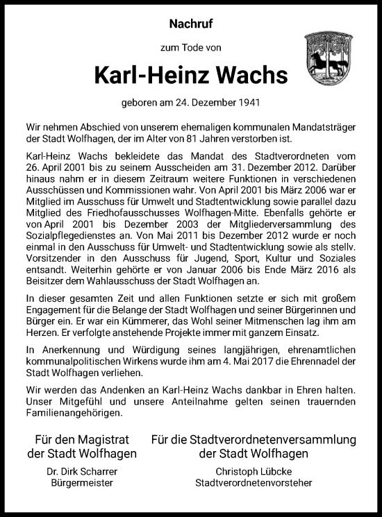 Traueranzeige von Karl-Heinz Wachs von HNA
