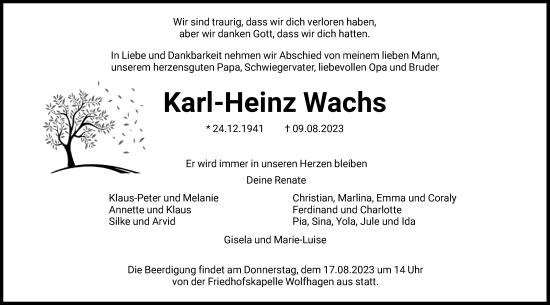 Traueranzeige von Karl-Heinz Wachs von HNA