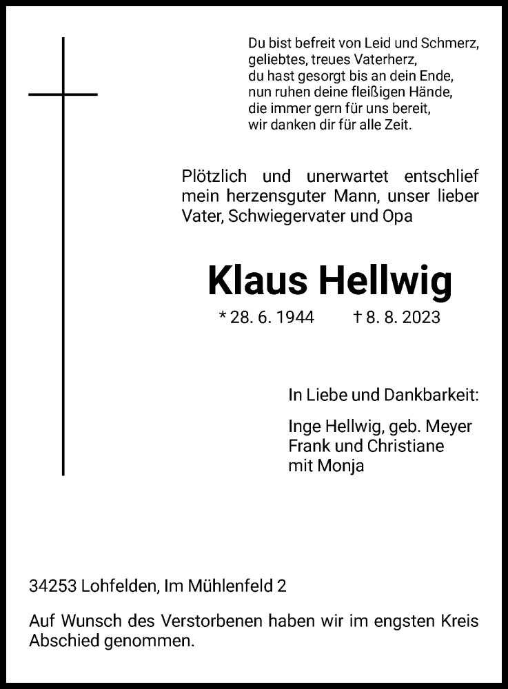  Traueranzeige für Klaus Hellwig vom 17.08.2023 aus HNA