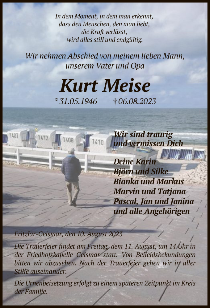  Traueranzeige für Kurt Meise vom 10.08.2023 aus HNA
