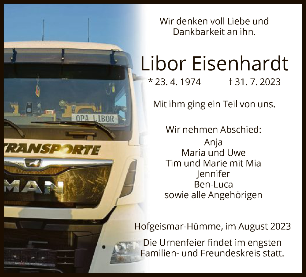  Traueranzeige für Libor Eisenhardt vom 12.08.2023 aus HNA