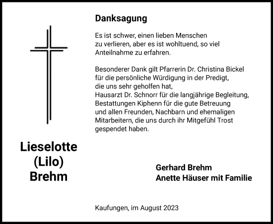 Traueranzeige von Lieselotte Brehm von HNA