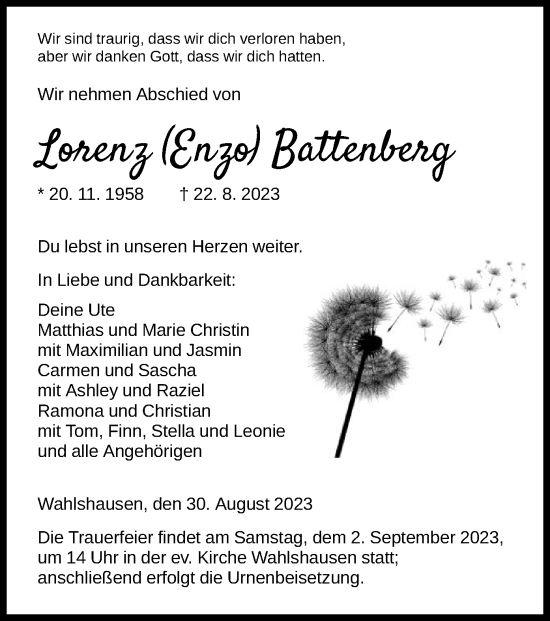 Traueranzeige von Lorenz Battenberg von HNAHZ