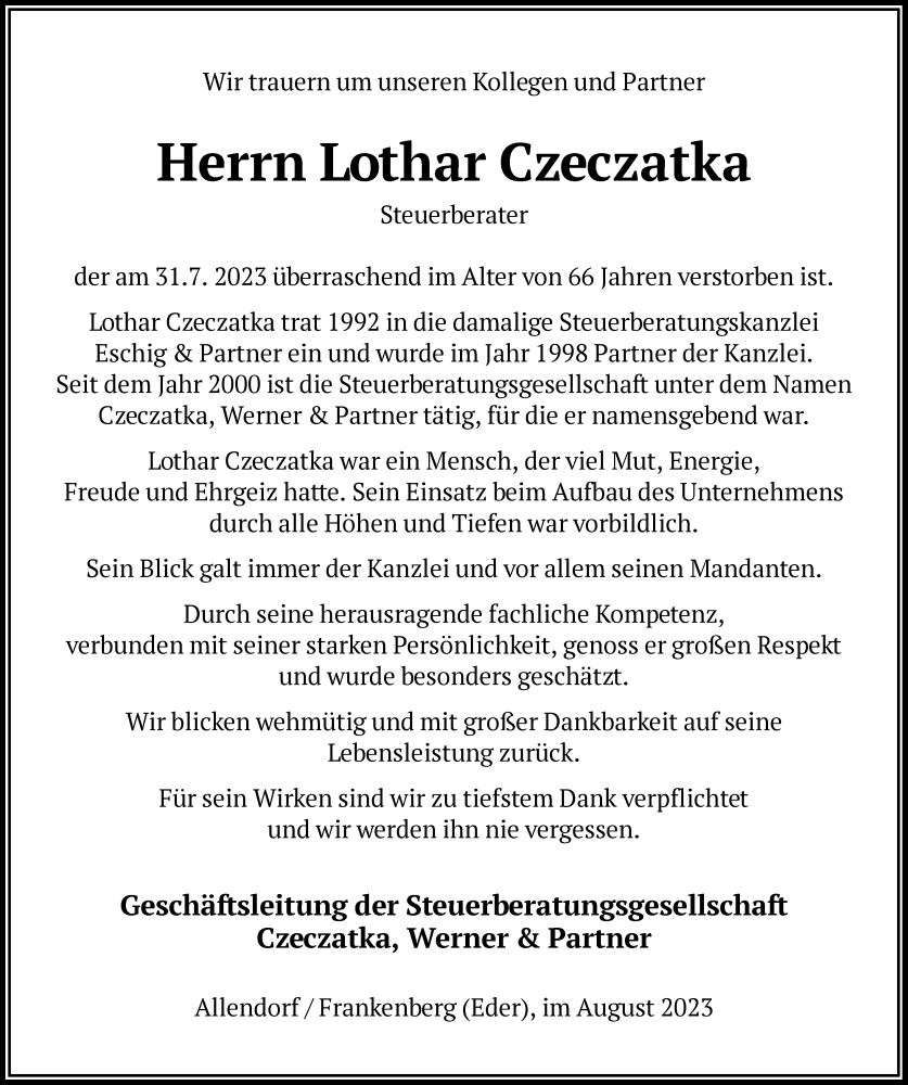  Traueranzeige für Lothar Czeczatka vom 09.08.2023 aus HNA