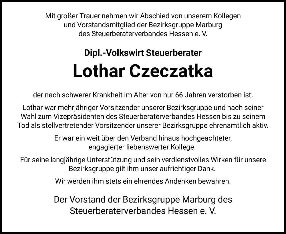  Traueranzeige für Lothar Czeczatka vom 09.08.2023 aus HNA