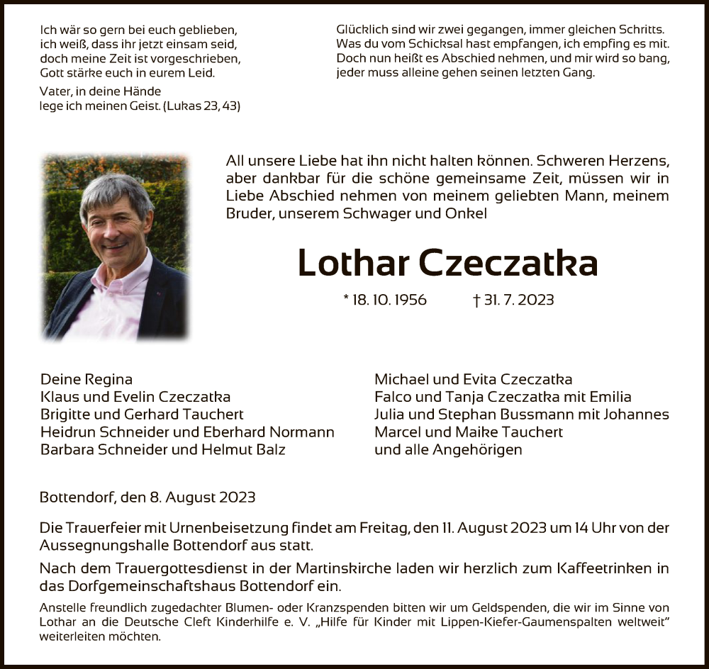  Traueranzeige für Lothar Czeczatka vom 08.08.2023 aus HNA