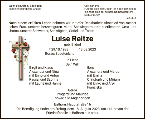 Traueranzeige von Luise Reitze von HNA