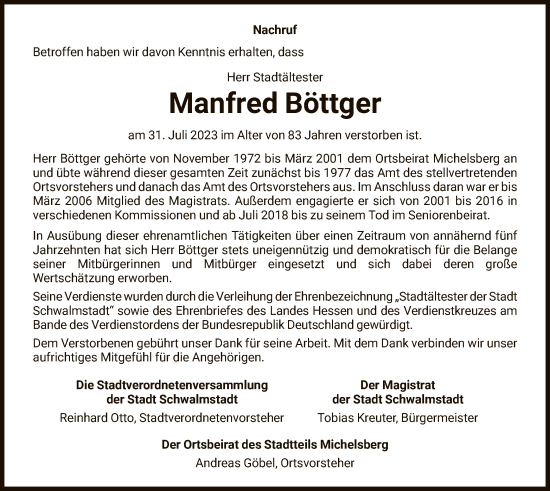 Traueranzeige von Manfred Böttger von HNA