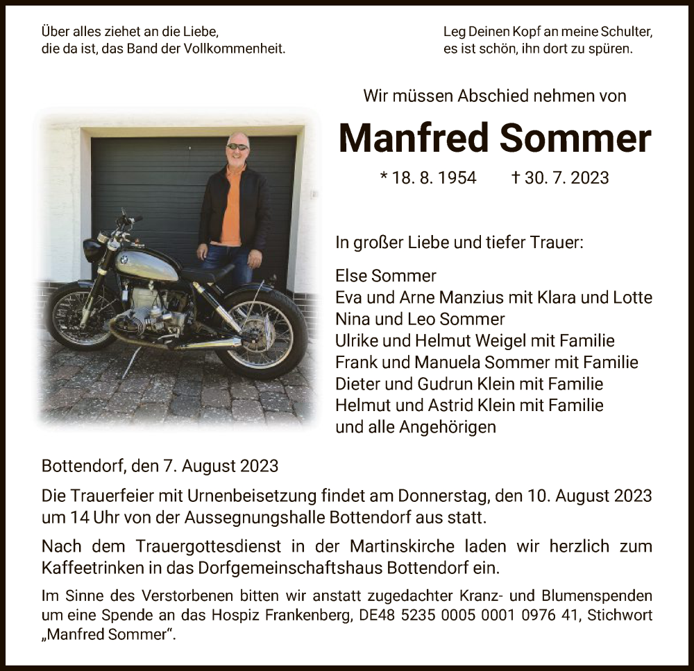  Traueranzeige für Manfred Sommer vom 07.08.2023 aus HNA