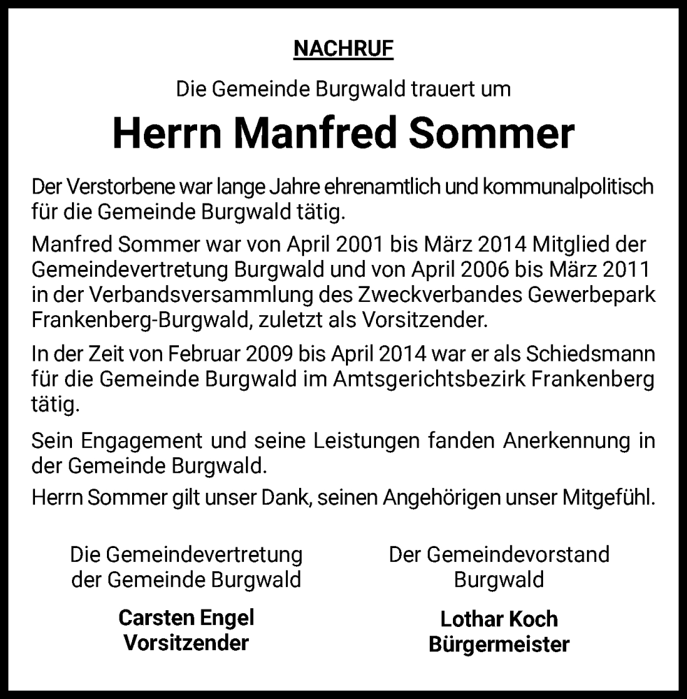  Traueranzeige für Manfred Sommer vom 08.08.2023 aus HNA