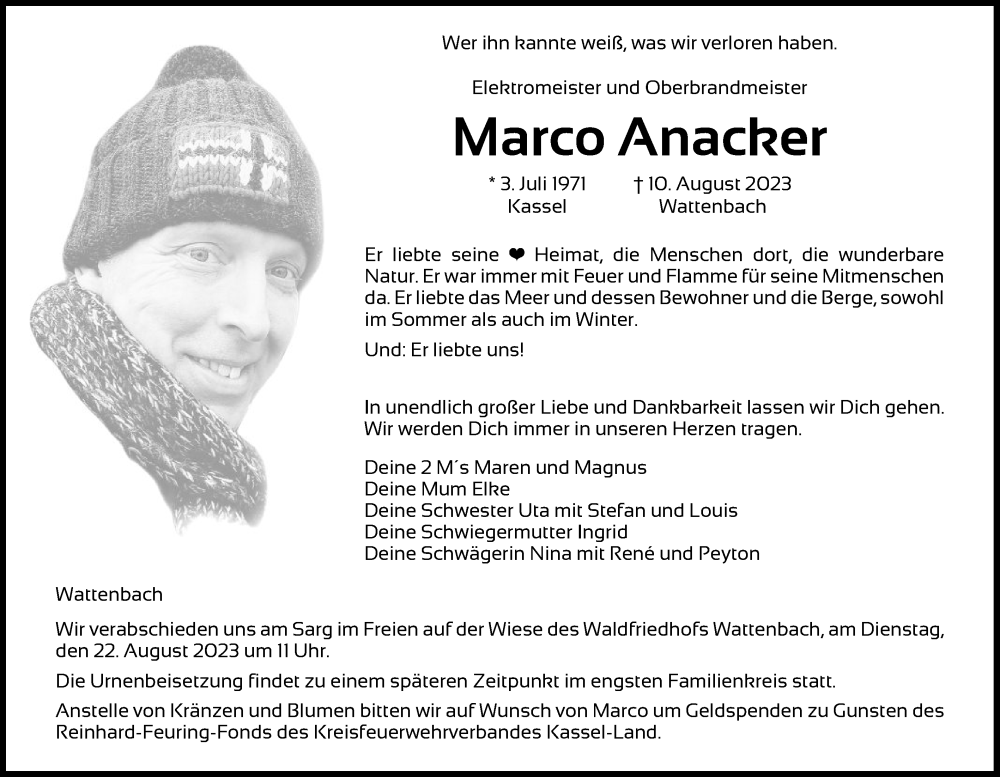  Traueranzeige für Marco Anacker vom 17.08.2023 aus HNA