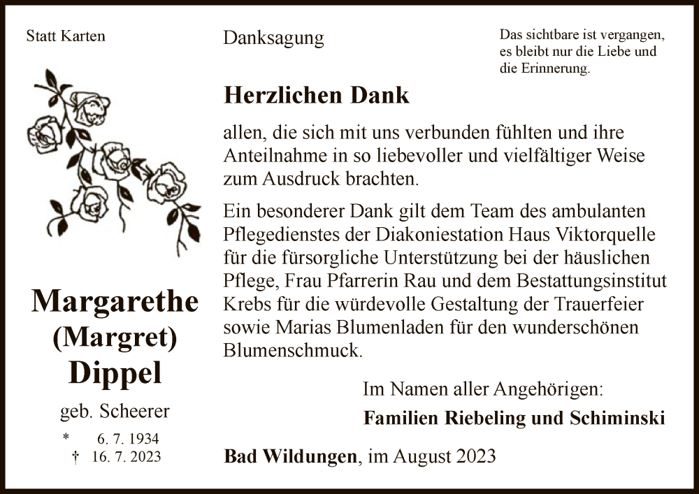  Traueranzeige für Margarethe Dippel vom 19.08.2023 aus WLZ