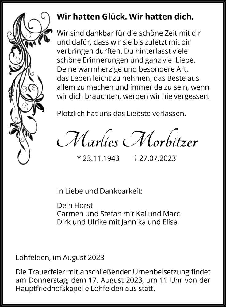  Traueranzeige für Marlies Morbitzer vom 12.08.2023 aus HNA