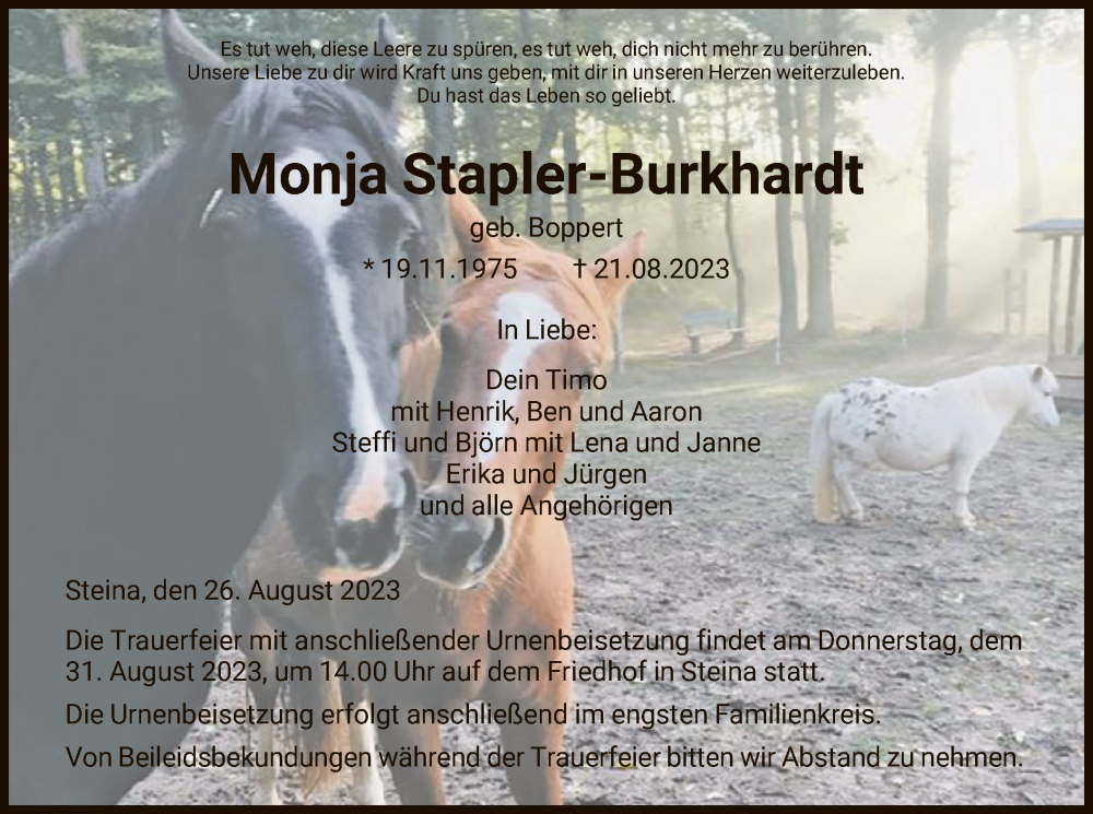  Traueranzeige für Monja Stapler-Burkhardt vom 26.08.2023 aus HNA