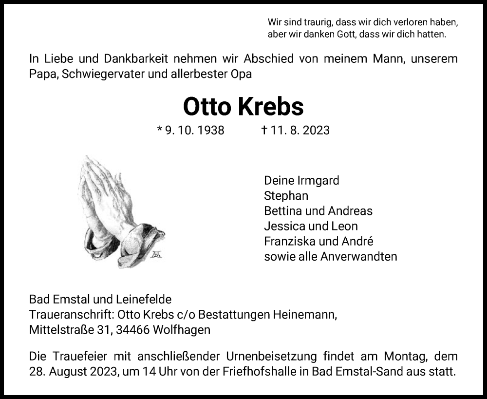  Traueranzeige für Otto Krebs vom 19.08.2023 aus HNA