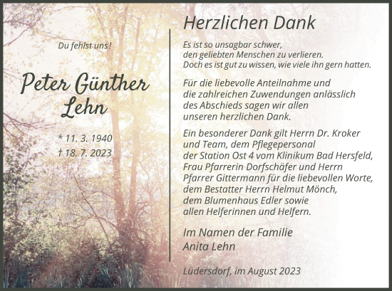 Traueranzeige von Peter Günther Lehn von HNA