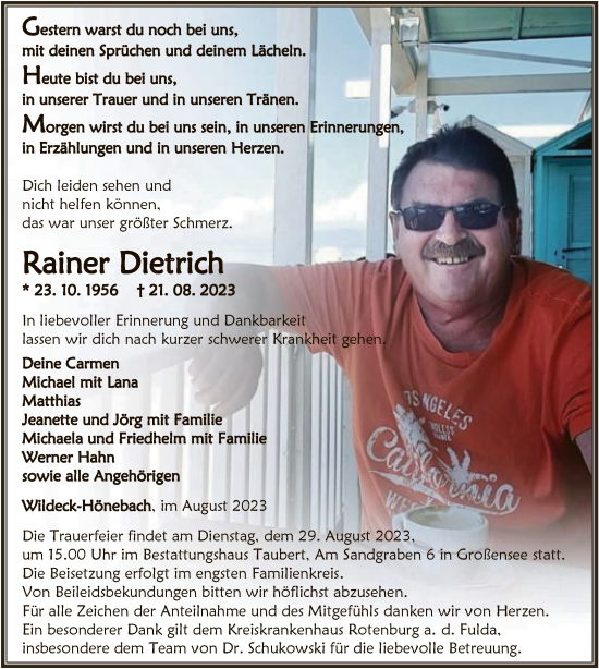 Traueranzeige von Rainer Dietrich von HNA