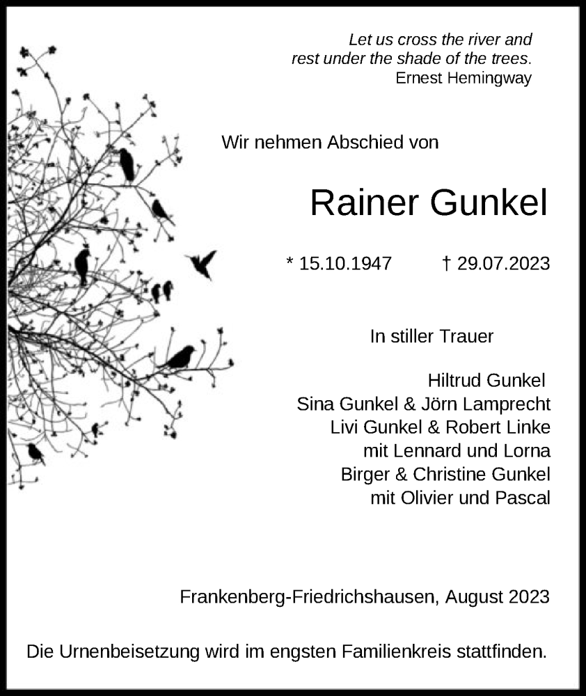  Traueranzeige für Rainer Gunkel vom 05.08.2023 aus HNA