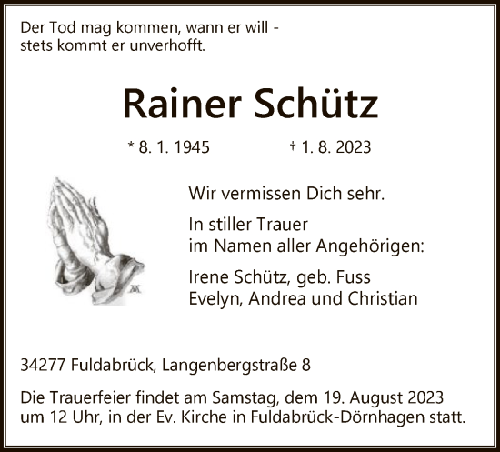 Traueranzeige von Rainer Schütz von HNA