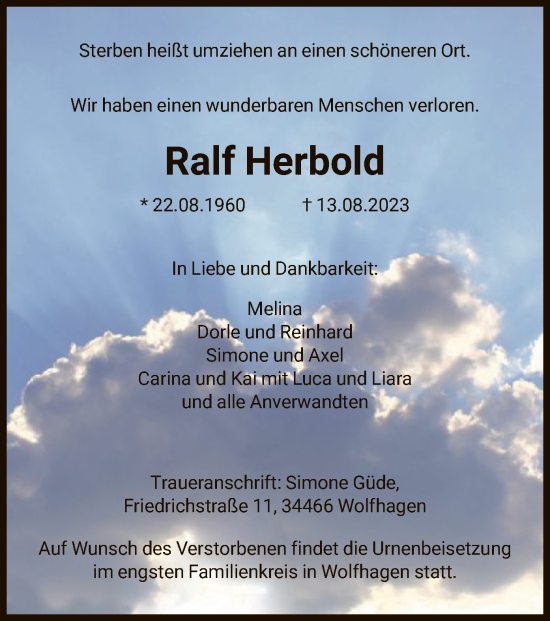 Traueranzeige von Ralf Herbold von HNA