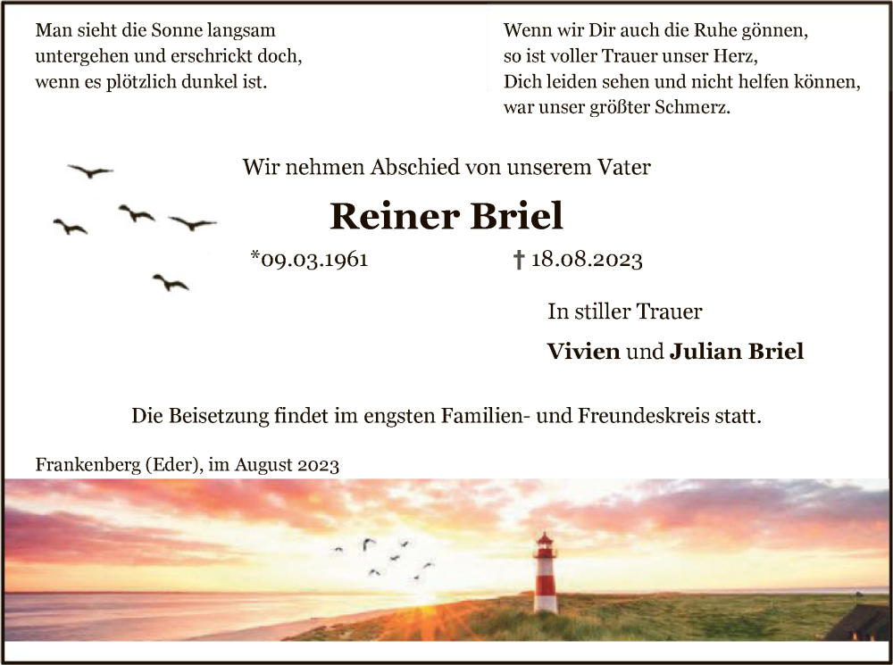  Traueranzeige für Reiner Briel vom 26.08.2023 aus HNA