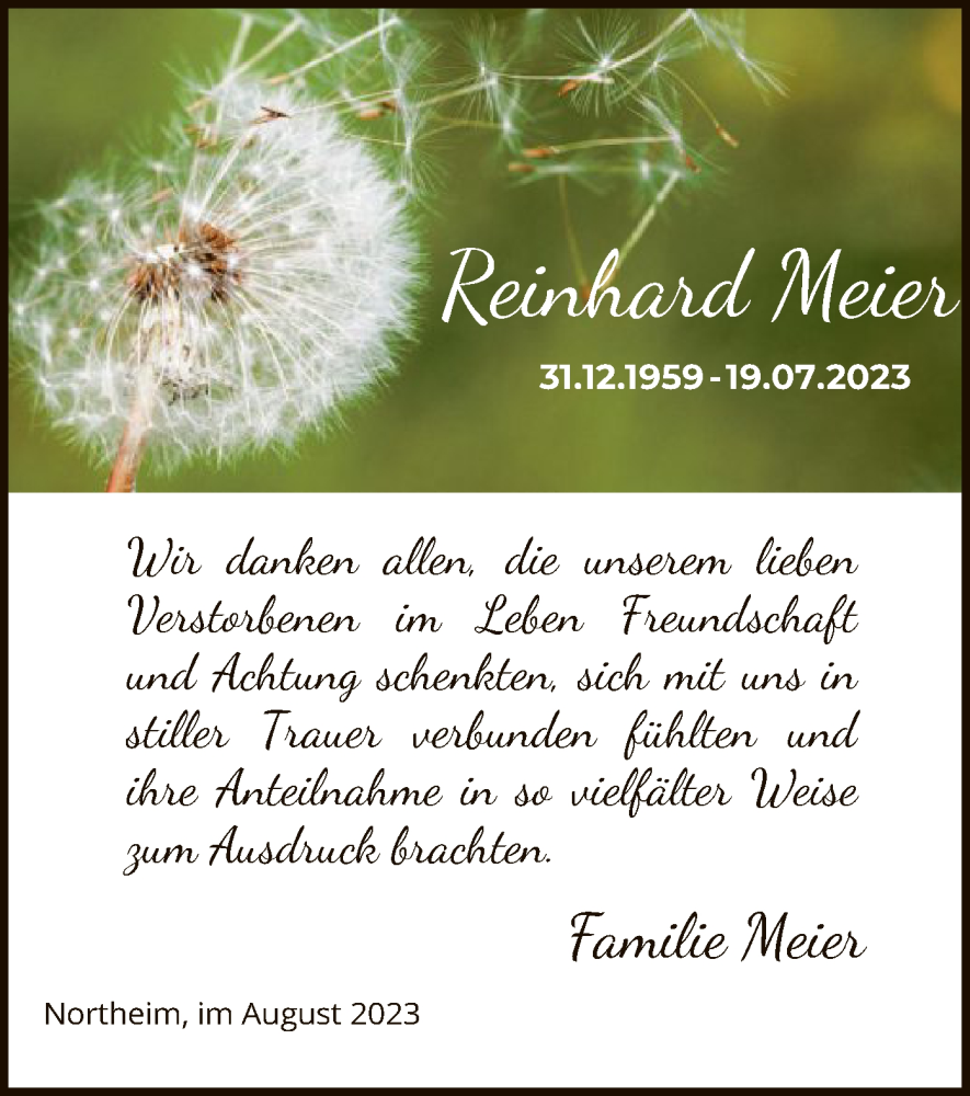  Traueranzeige für Reinhard Meier vom 19.08.2023 aus HNA