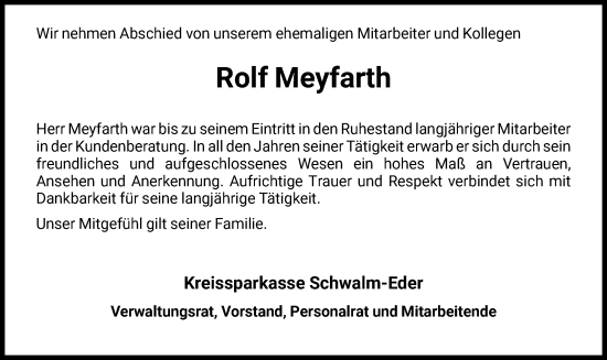 Traueranzeige von Rolf Meyfarth von HNA