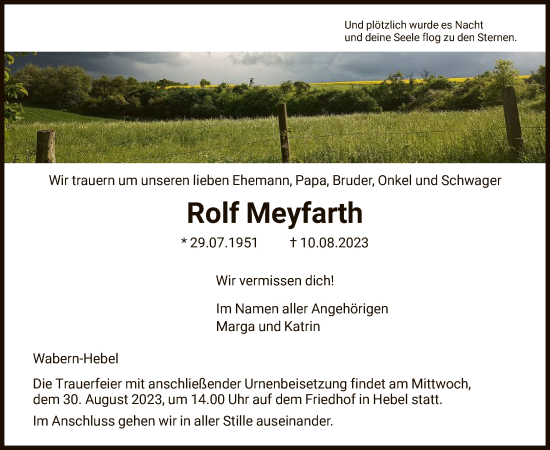 Traueranzeige von Rolf Meyfarth von HNA