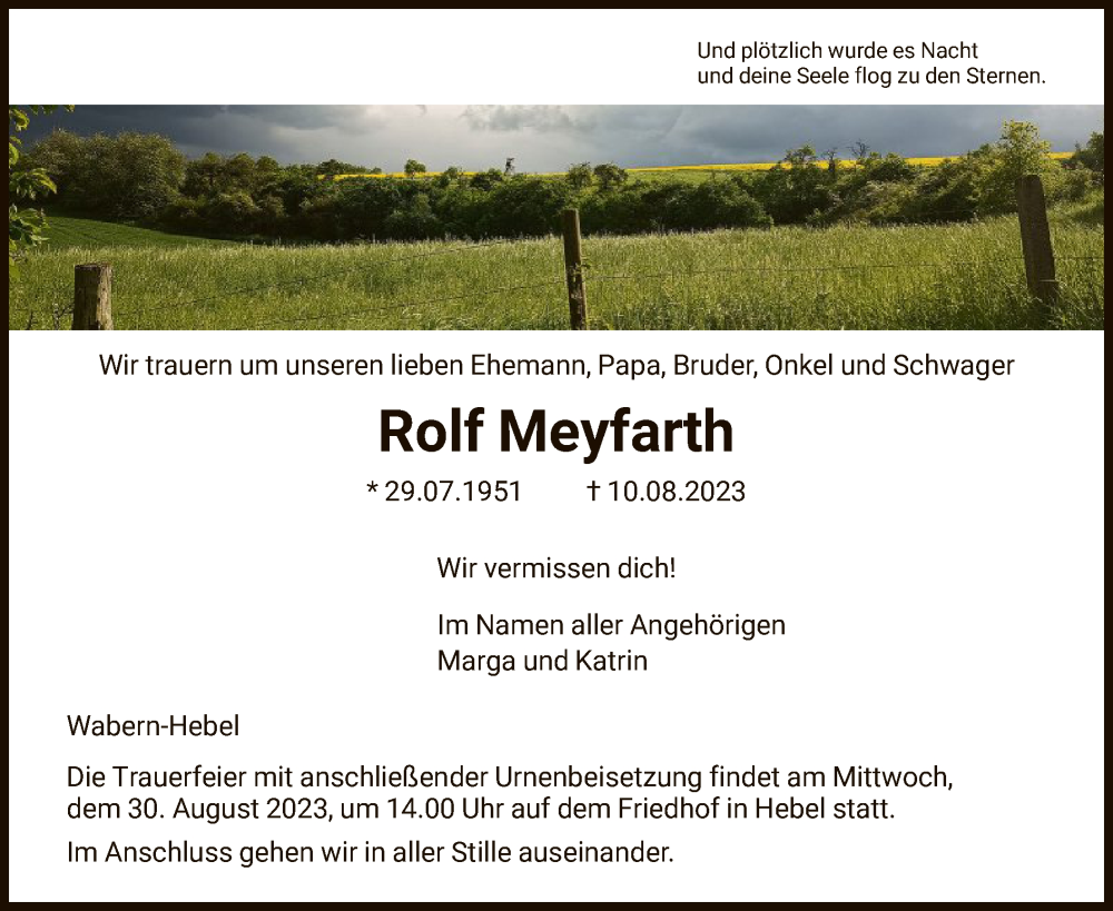  Traueranzeige für Rolf Meyfarth vom 25.08.2023 aus HNA