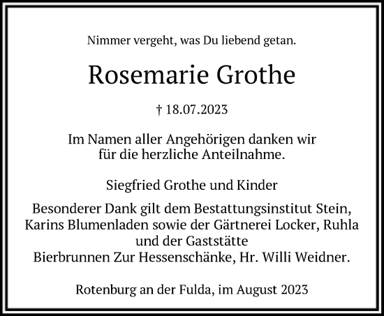 Traueranzeige von Rosemarie Grothe von HNA