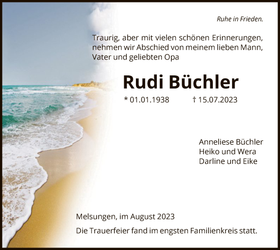 Traueranzeige von Rudi Büchler von HNA