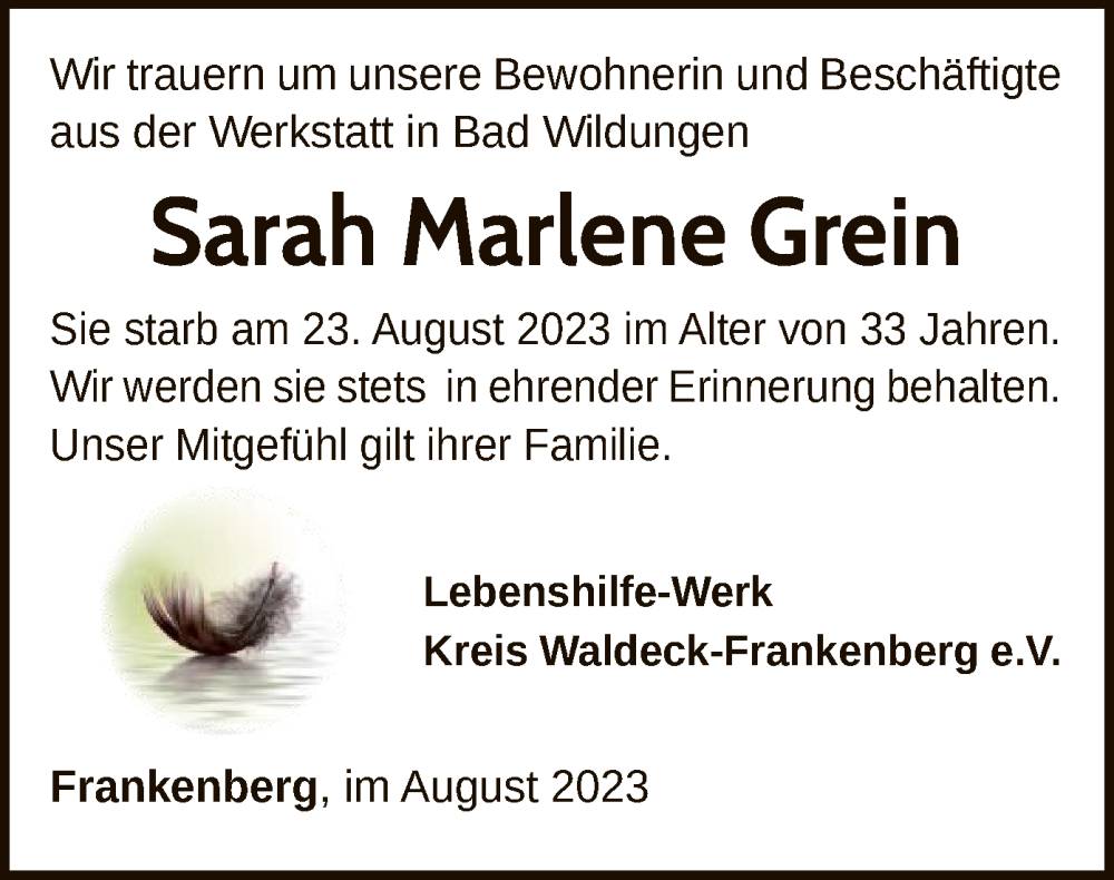  Traueranzeige für Sarah Marlene Grein vom 28.08.2023 aus HNA