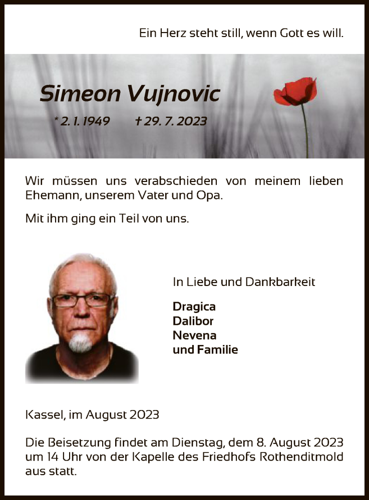 Traueranzeige für Simeon Vujnovic vom 05.08.2023 aus HNA