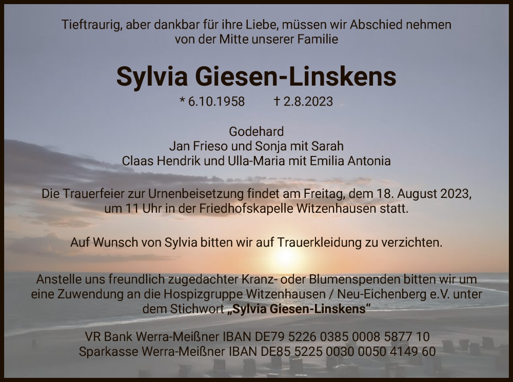  Traueranzeige für Sylvia Giesen-Linskens vom 12.08.2023 aus HNA