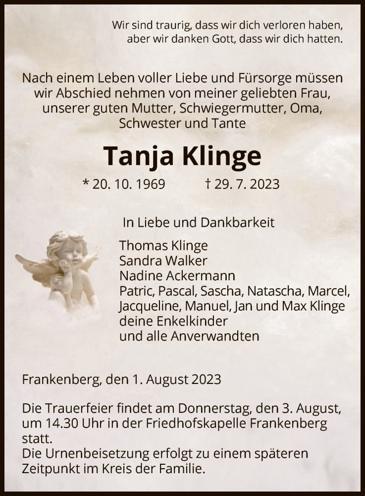  Traueranzeige für Tanja Klinge vom 01.08.2023 aus HNA