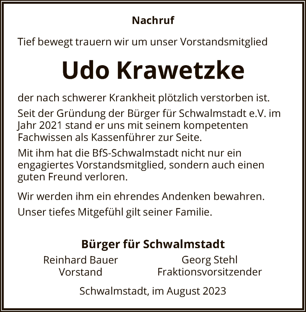  Traueranzeige für Udo Krawetzke vom 19.08.2023 aus HNA