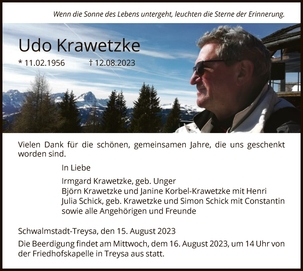  Traueranzeige für Udo Krawetzke vom 15.08.2023 aus HNA