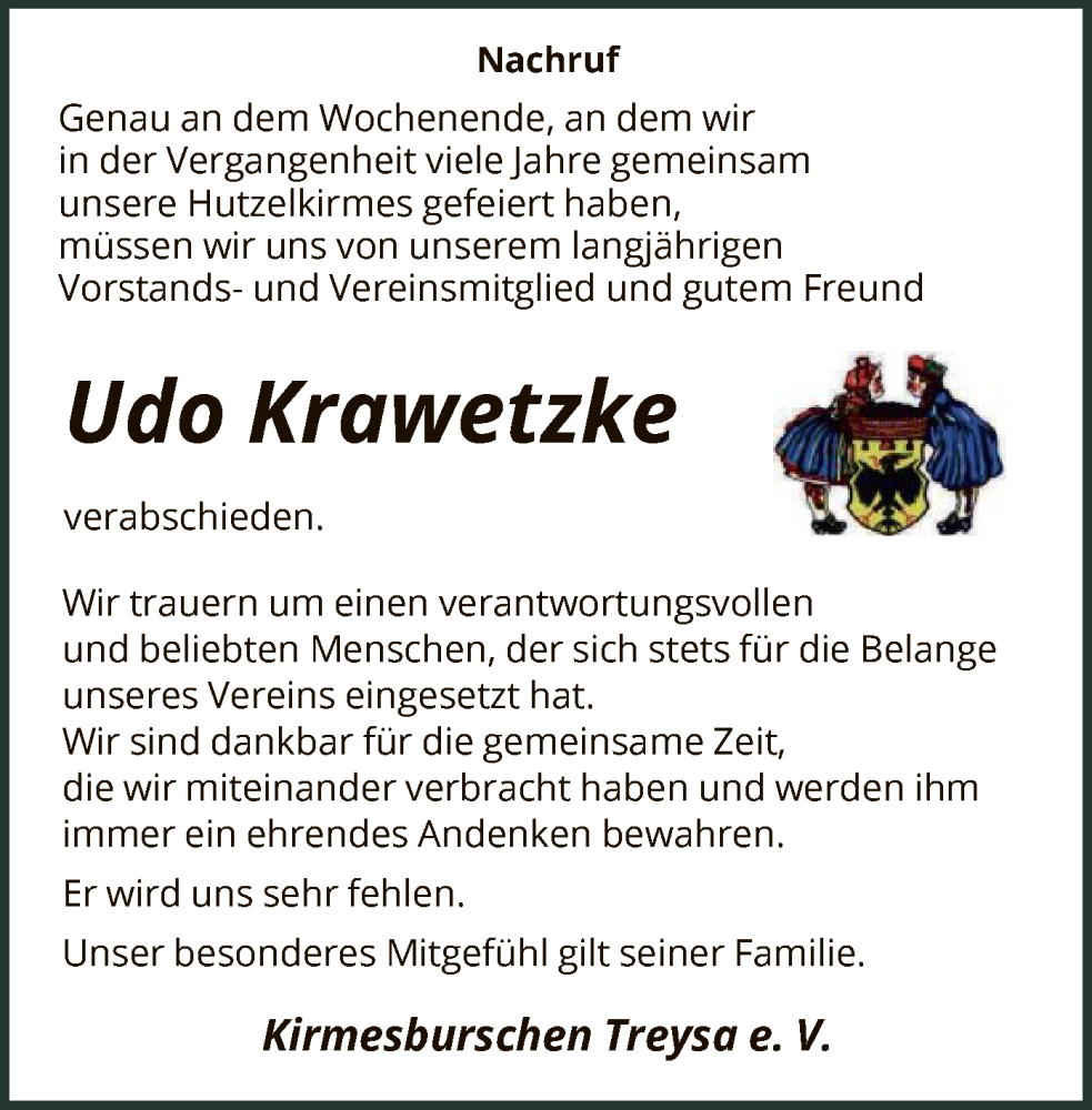  Traueranzeige für Udo Krawetzke vom 19.08.2023 aus HNA