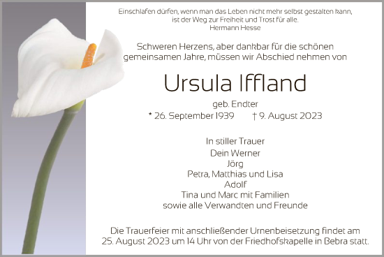 Traueranzeige von Ursula Iffland von HNA