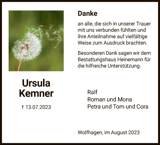 Traueranzeige von Ursula Kemner von HNA
